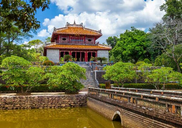 Minh Lau pavilion and Trung Dao bridge at Minh Mang Emperor Tomb in Hue Vietnam